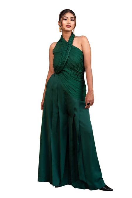 Buy Label Anshu Khathuria Green Satin, Chiffon Asymmetric Drape Flared Jumpsuit Online at Aza Fashions Buy_Label Anshu Khathuria_Green Satin, Chiffon Asymmetric Drape Flared Jumpsuit _Online_at_Aza_Fashions