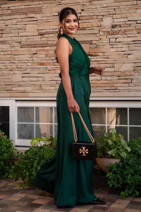 Shop Label Anshu Khathuria Green Satin, Chiffon Asymmetric Drape Flared Jumpsuit Online at Aza Fashions Shop_Label Anshu Khathuria_Green Satin, Chiffon Asymmetric Drape Flared Jumpsuit _Online_at_Aza_Fashions