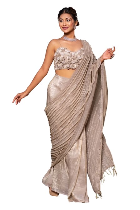 Label Anshu Khathuria_Brown Tissue Beads, Embroidery Sweetheart Neck Pre-draped Tiered Saree Set _at_Aza_Fashions