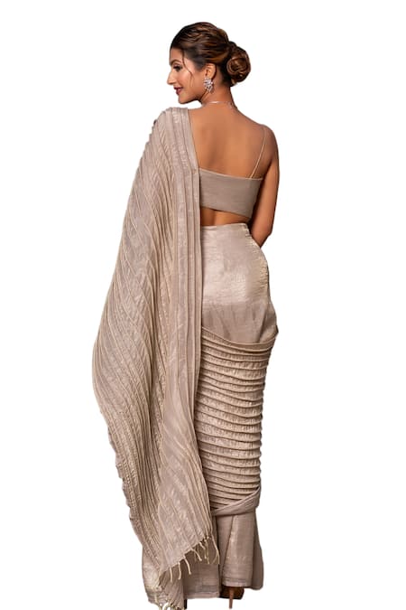 Shop_Label Anshu Khathuria_Brown Tissue Beads, Embroidery Sweetheart Neck Pre-draped Tiered Saree Set 