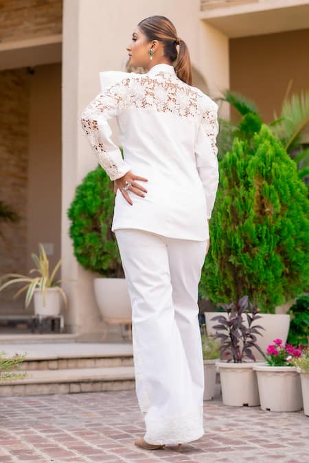 Label Anshu Khathuria Ivory Cotton, Lycra Lace Blazer With Pant Online at Aza Fashions Label Anshu Khathuria_Ivory Cotton, Lycra Lace Blazer With Pant _Online_at_Aza_Fashions
