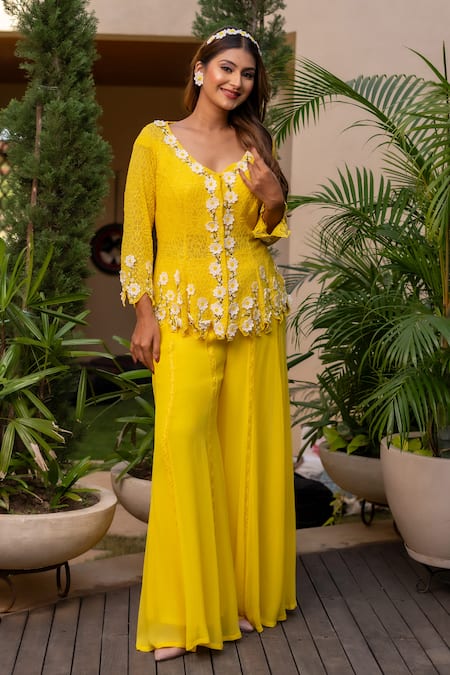 Label Anshu Khathuria Yellow Silk Embroidered Pearls V-neck Tunic Palazzo Set 