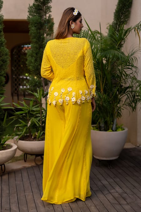 Label Anshu Khathuria Yellow Silk, Georgette Pearls, Embroidery V-neck Tunic Palazzo Set Online at Aza Fashions Label Anshu Khathuria_Yellow Silk, Georgette Pearls, Embroidery V-neck Tunic Palazzo Set _Online_at_Aza_Fashions