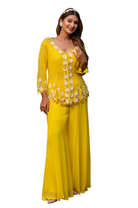 Buy Label Anshu Khathuria Yellow Silk, Georgette Pearls, Embroidery V-neck Tunic Palazzo Set Online at Aza Fashions Buy_Label Anshu Khathuria_Yellow Silk, Georgette Pearls, Embroidery V-neck Tunic Palazzo Set _Online_at_Aza_Fashions