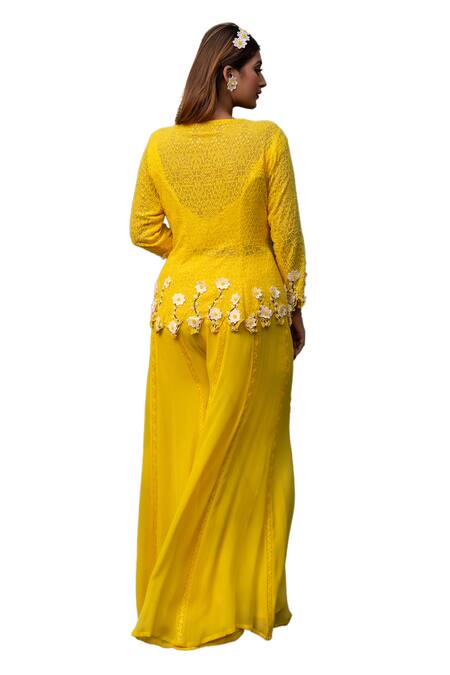 Label Anshu Khathuria Yellow Silk, Georgette Pearls, Embroidery V-neck Tunic Palazzo Set at Aza Fashions Label Anshu Khathuria_Yellow Silk, Georgette Pearls, Embroidery V-neck Tunic Palazzo Set _at_Aza_Fashions
