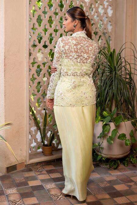 Label Anshu Khathuria Green Modal, Satin, Net Pearls, Embroidered Bralette Skirt Set With Jacket Online at Aza Fashions Label Anshu Khathuria_Green Modal, Satin, Net Pearls, Embroidered Bralette Skirt Set With Jacket _Online_at_Aza_Fashions