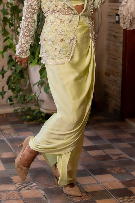 Shop Label Anshu Khathuria Green Modal, Satin, Net Pearls, Embroidered Bralette Skirt Set With Jacket Online at Aza Fashions Shop_Label Anshu Khathuria_Green Modal, Satin, Net Pearls, Embroidered Bralette Skirt Set With Jacket _Online_at_Aza_Fashions