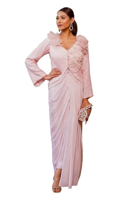 Buy Label Anshu Khathuria Pink Crepe, Georgette Pearls, Sequins Embroidered Jacket Top With Draped Skirt Online at Aza Fashions Buy_Label Anshu Khathuria_Pink Crepe, Georgette Pearls, Sequins Embroidered Jacket Top With Draped Skirt _Online_at_Aza_Fashions