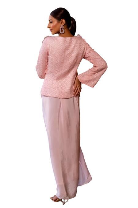 Buy Label Anshu Khathuria Pink Crepe, Georgette Pearls, Sequins Embroidered Jacket Top With Draped Skirt Buy_Label Anshu Khathuria_Pink Crepe, Georgette Pearls, Sequins Embroidered Jacket Top With Draped Skirt