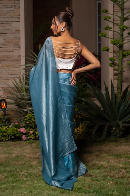 Label Anshu Khathuria Blue Silk, Tissue Embroidery, Pearls Sweetheart Neck Saree With Bustier Online at Aza Fashions Label Anshu Khathuria_Blue Silk, Tissue Embroidery, Pearls Sweetheart Neck Saree With Bustier _Online_at_Aza_Fashions