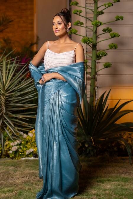 Buy Label Anshu Khathuria Blue Silk, Tissue Embroidery, Pearls Sweetheart Neck Saree With Bustier Online at Aza Fashions Buy_Label Anshu Khathuria_Blue Silk, Tissue Embroidery, Pearls Sweetheart Neck Saree With Bustier _Online_at_Aza_Fashions