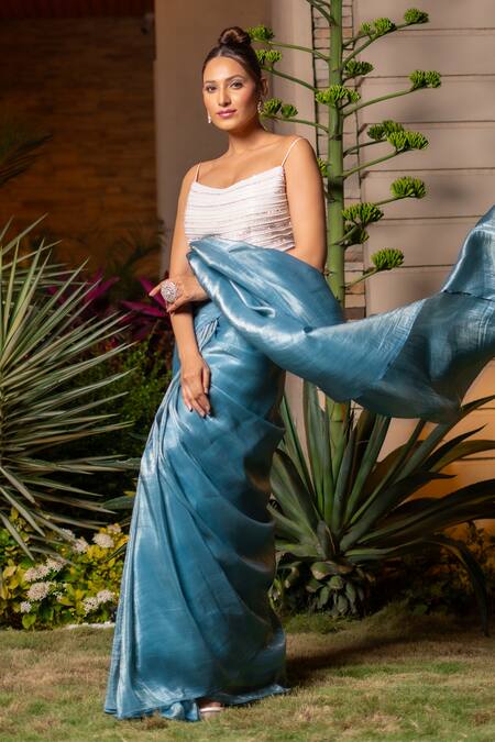 Label Anshu Khathuria Blue Silk, Tissue Embroidery, Pearls Sweetheart Neck Saree With Bustier at Aza Fashions Label Anshu Khathuria_Blue Silk, Tissue Embroidery, Pearls Sweetheart Neck Saree With Bustier _at_Aza_Fashions