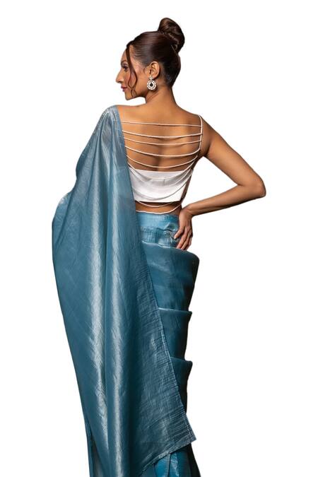 Shop Label Anshu Khathuria Blue Silk, Tissue Embroidery, Pearls Sweetheart Neck Saree With Bustier Shop_Label Anshu Khathuria_Blue Silk, Tissue Embroidery, Pearls Sweetheart Neck Saree With Bustier