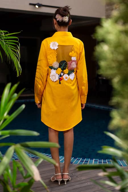 Label Anshu Khathuria Yellow Cotton, Organza Embroidery Collared Flower And Bird Shirt Dress Online at Aza Fashions Label Anshu Khathuria_Yellow Cotton, Organza Embroidery Collared Flower And Bird Shirt Dress _Online_at_Aza_Fashions