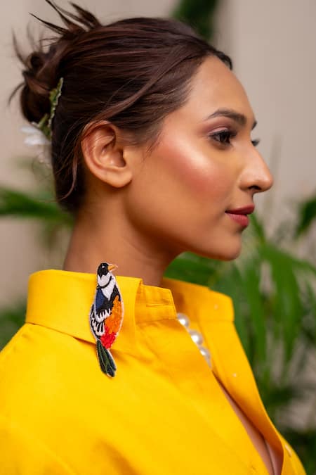 Shop Label Anshu Khathuria Yellow Cotton, Organza Embroidery Collared Flower And Bird Shirt Dress Online at Aza Fashions Shop_Label Anshu Khathuria_Yellow Cotton, Organza Embroidery Collared Flower And Bird Shirt Dress _Online_at_Aza_Fashions