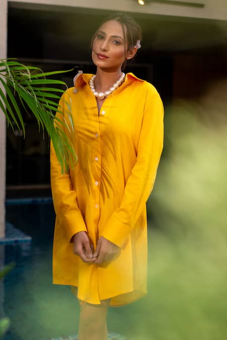 Label Anshu Khathuria Yellow Cotton, Organza Embroidery Collared Flower And Bird Shirt Dress at Aza Fashions Label Anshu Khathuria_Yellow Cotton, Organza Embroidery Collared Flower And Bird Shirt Dress _at_Aza_Fashions