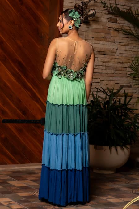 Label Anshu Khathuria Multi Color Silk, Net, Georgette Embroidery Open Neck Ruched Skirt And Bustier Set Online at Aza Fashions Label Anshu Khathuria_Multi Color Silk, Net, Georgette Embroidery Open Neck Ruched Skirt And Bustier Set _Online_at_Aza_Fashions