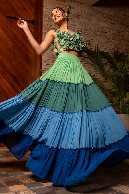 Buy Label Anshu Khathuria Multi Color Silk, Net, Georgette Embroidery Open Neck Ruched Skirt And Bustier Set Online at Aza Fashions Buy_Label Anshu Khathuria_Multi Color Silk, Net, Georgette Embroidery Open Neck Ruched Skirt And Bustier Set _Online_at_Aza_Fashions