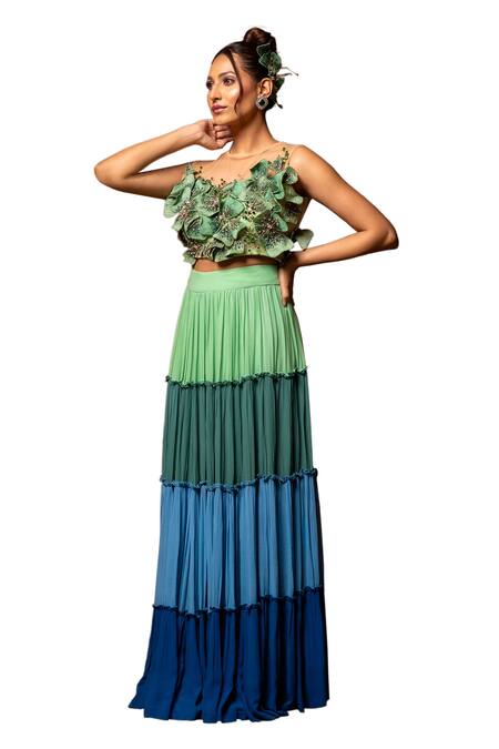 Shop Label Anshu Khathuria Multi Color Silk, Net, Georgette Embroidery Open Neck Ruched Skirt And Bustier Set Online at Aza Fashions Shop_Label Anshu Khathuria_Multi Color Silk, Net, Georgette Embroidery Open Neck Ruched Skirt And Bustier Set _Online_at_Aza_Fashions