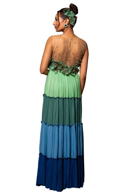 Buy Label Anshu Khathuria Multi Color Silk, Net, Georgette Embroidery Open Neck Ruched Skirt And Bustier Set Buy_Label Anshu Khathuria_Multi Color Silk, Net, Georgette Embroidery Open Neck Ruched Skirt And Bustier Set
