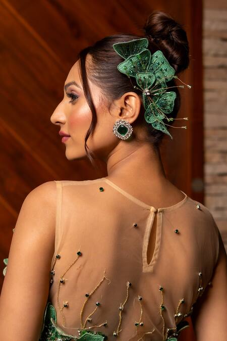 Shop Label Anshu Khathuria Multi Color Silk, Net, Georgette Embroidery Open Neck Ruched Skirt And Bustier Set Shop_Label Anshu Khathuria_Multi Color Silk, Net, Georgette Embroidery Open Neck Ruched Skirt And Bustier Set