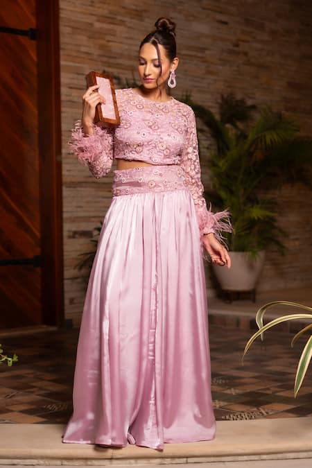 Label Anshu Khathuria Pink Organza Embroidered Round Floral Crop Top With Lehenga 