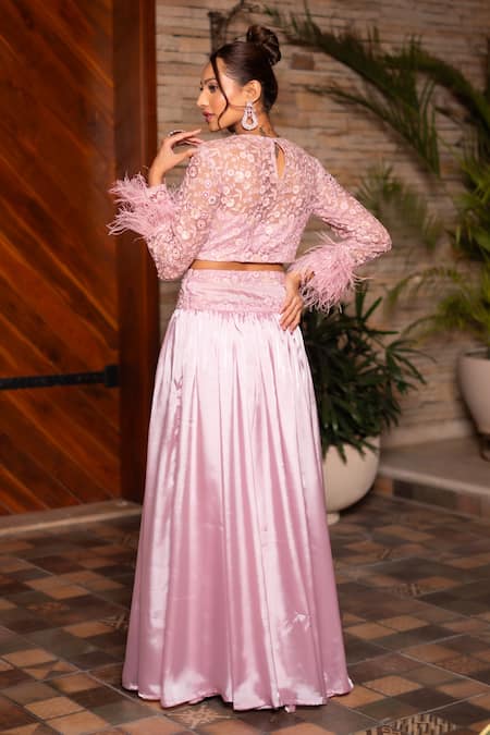Label Anshu Khathuria Pink Organza, Net Beads, Tassels Round Floral Embroidered Crop Top With Lehenga Online at Aza Fashions Label Anshu Khathuria_Pink Organza, Net Beads, Tassels Round Floral Embroidered Crop Top With Lehenga _Online_at_Aza_Fashions