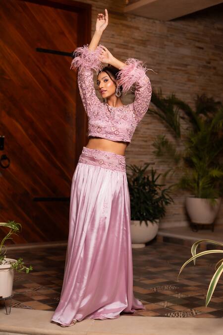 Buy Label Anshu Khathuria Pink Organza, Net Beads, Tassels Round Floral Embroidered Crop Top With Lehenga Online at Aza Fashions Buy_Label Anshu Khathuria_Pink Organza, Net Beads, Tassels Round Floral Embroidered Crop Top With Lehenga _Online_at_Aza_Fashions