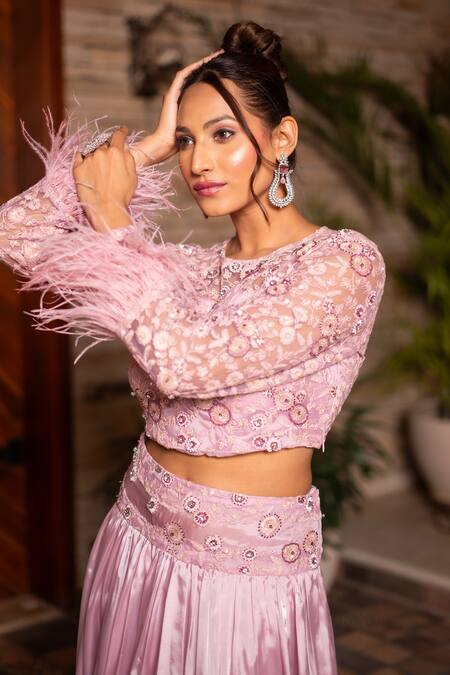 Shop Label Anshu Khathuria Pink Organza, Net Beads, Tassels Round Floral Embroidered Crop Top With Lehenga Online at Aza Fashions Shop_Label Anshu Khathuria_Pink Organza, Net Beads, Tassels Round Floral Embroidered Crop Top With Lehenga _Online_at_Aza_Fashions