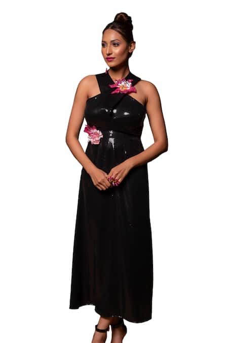 Label Anshu Khathuria Black Georgette Sequins, Fabric Flowers Halter Neck Detailed Midi Dress Online at Aza Fashions Label Anshu Khathuria_Black Georgette Sequins, Fabric Flowers Halter Neck Detailed Midi Dress _Online_at_Aza_Fashions