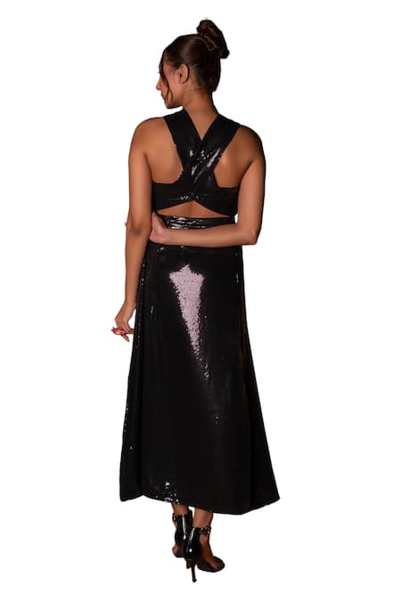 Buy Label Anshu Khathuria Black Georgette Sequins, Fabric Flowers Halter Neck Detailed Midi Dress Buy_Label Anshu Khathuria_Black Georgette Sequins, Fabric Flowers Halter Neck Detailed Midi Dress