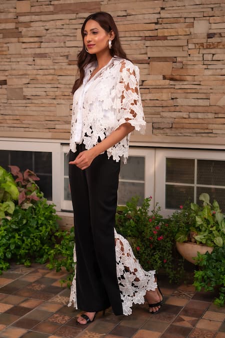 Label Anshu Khathuria White Moss Crepe Embroidered Lace Shirt Collared Floral Cutwork With Pant 