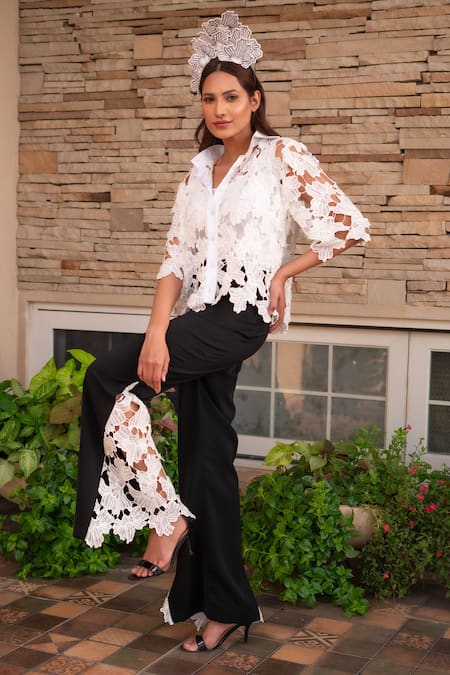 Label Anshu Khathuria White Modal Embroidery Collared Floral Cutwork Shirt With Pant Online at Aza Fashions Label Anshu Khathuria_White Modal Embroidery Collared Floral Cutwork Shirt With Pant _Online_at_Aza_Fashions