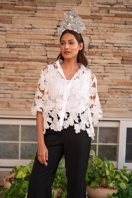 Buy Label Anshu Khathuria White Modal Embroidery Collared Floral Cutwork Shirt With Pant Online at Aza Fashions Buy_Label Anshu Khathuria_White Modal Embroidery Collared Floral Cutwork Shirt With Pant _Online_at_Aza_Fashions