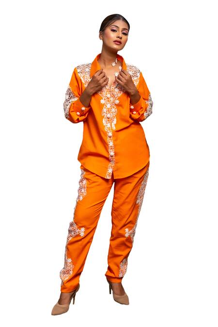 Buy Label Anshu Khathuria Orange Cotton Embroidery Collared Floral Crochet Detailed Shirt With Pant Online at Aza Fashions Buy_Label Anshu Khathuria_Orange Cotton Embroidery Collared Floral Crochet Detailed Shirt With Pant _Online_at_Aza_Fashions