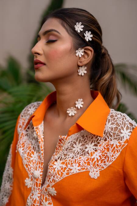 Shop Label Anshu Khathuria Orange Cotton Embroidery Collared Floral Crochet Detailed Shirt With Pant Online at Aza Fashions Shop_Label Anshu Khathuria_Orange Cotton Embroidery Collared Floral Crochet Detailed Shirt With Pant _Online_at_Aza_Fashions