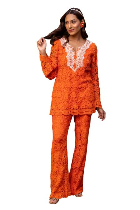 Shop_Label Anshu Khathuria_Orange Cotton Embroidery Round Neck Floral Crochet Detailed Tunic With Pant _Online_at_Aza_Fashions