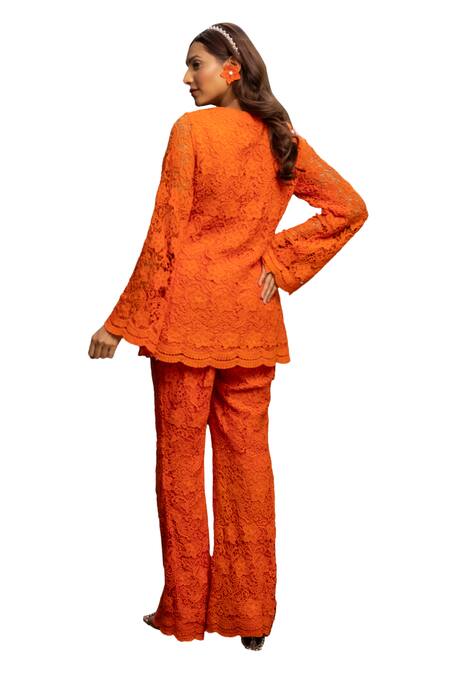 Label Anshu Khathuria_Orange Cotton Embroidery Round Neck Floral Crochet Detailed Tunic With Pant _at_Aza_Fashions