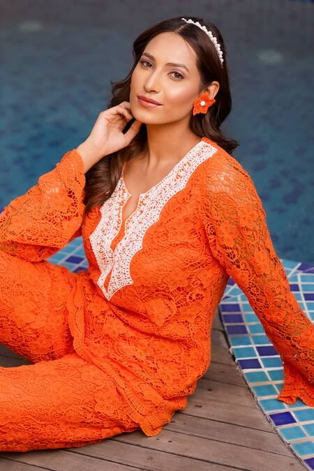 Buy_Label Anshu Khathuria_Orange Cotton Embroidery Round Neck Floral Crochet Detailed Tunic With Pant 