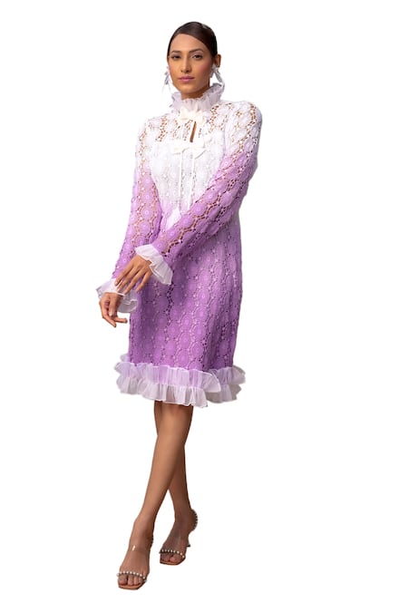 Buy_Label Anshu Khathuria_Purple Cotton Embroidery High Neck Floral Ombre Midi Dess _Online_at_Aza_Fashions