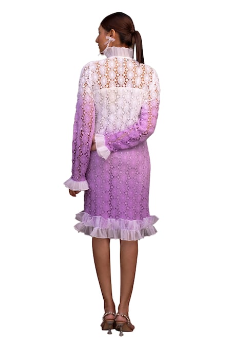Label Anshu Khathuria_Purple Cotton Embroidery High Neck Floral Ombre Midi Dess _at_Aza_Fashions