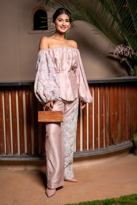 Label Anshu Khathuria Pink Silk Embroidered Floral Patch Off-shoulder Corset-off Shirt With Pant 