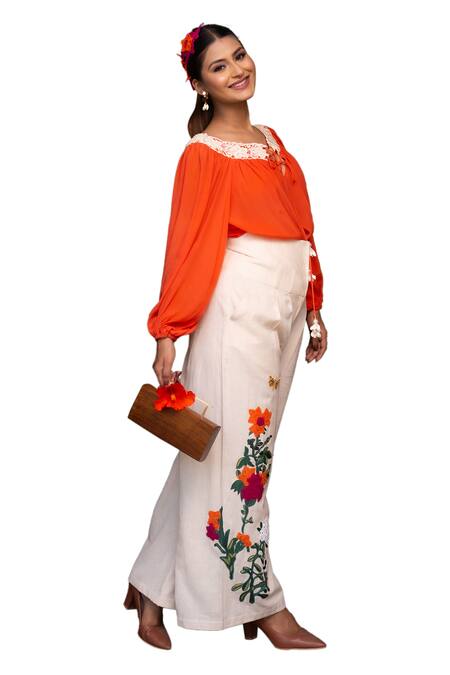 Buy_Label Anshu Khathuria_Orange Crepe, Handloom Cotton Embroidery Round Floral Detailed Top With Pant _Online_at_Aza_Fashions