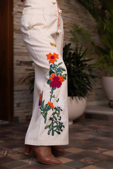 Shop_Label Anshu Khathuria_Orange Crepe, Handloom Cotton Embroidery Round Floral Detailed Top With Pant _Online_at_Aza_Fashions