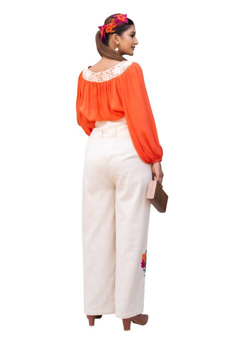 Buy_Label Anshu Khathuria_Orange Crepe, Handloom Cotton Embroidery Round Floral Detailed Top With Pant 
