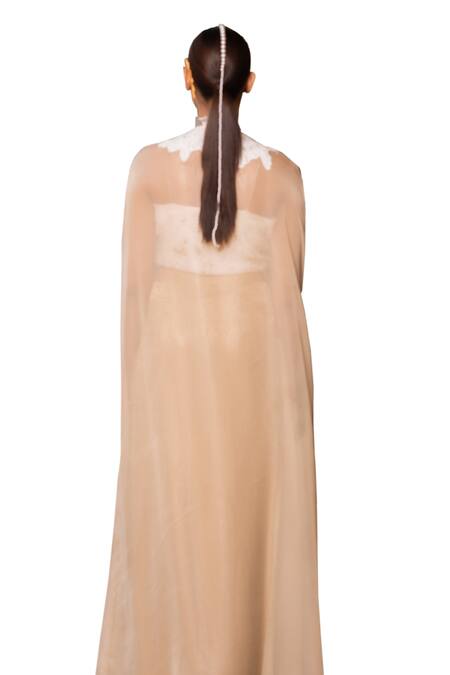 Buy Label Anshu Khathuria Gold Crepe, Georgette, Lycra Beads, Slit Sleeve Cape With Draped Skirt Set Buy_Label Anshu Khathuria_Gold Crepe, Georgette, Lycra Beads, Slit Sleeve Cape With Draped Skirt Set