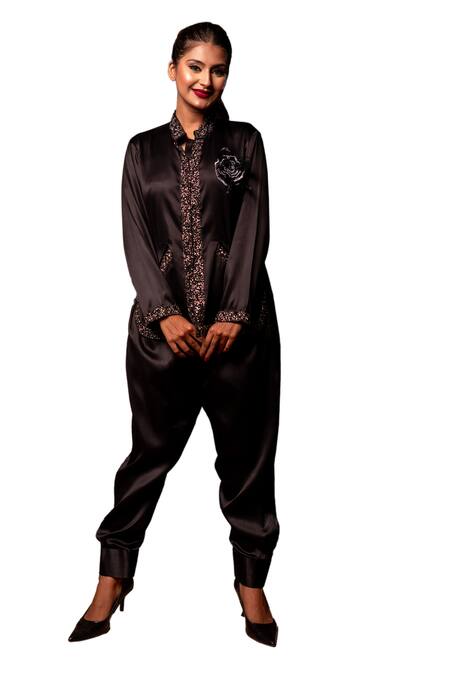 Shop_Label Anshu Khathuria_Black Satin Beads, Embroidery Collared Jacket With Pant _Online_at_Aza_Fashions