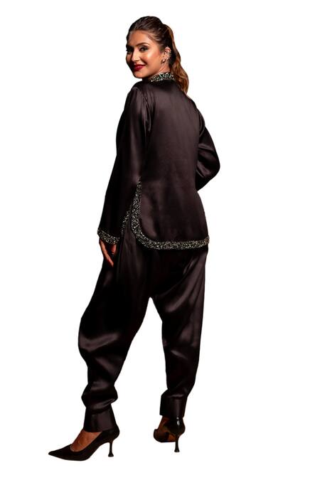 Label Anshu Khathuria_Black Satin Beads, Embroidery Collared Jacket With Pant _at_Aza_Fashions