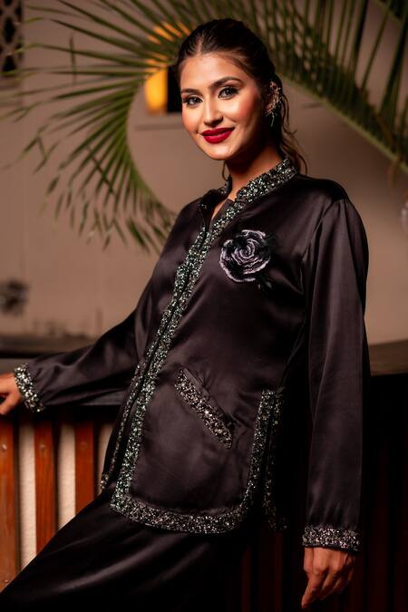 Buy_Label Anshu Khathuria_Black Satin Beads, Embroidery Collared Jacket With Pant 