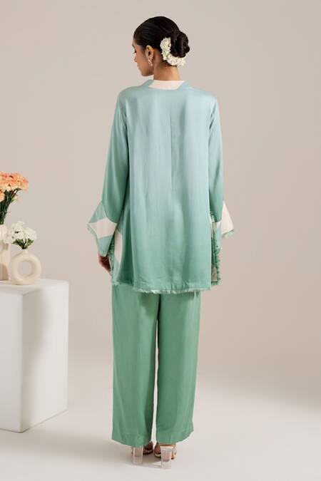 Siyona by Ankurita Green Satin Embroidered Sequin Band Collar Chameli Ombre Tunic And Pant Co-ord Set  3